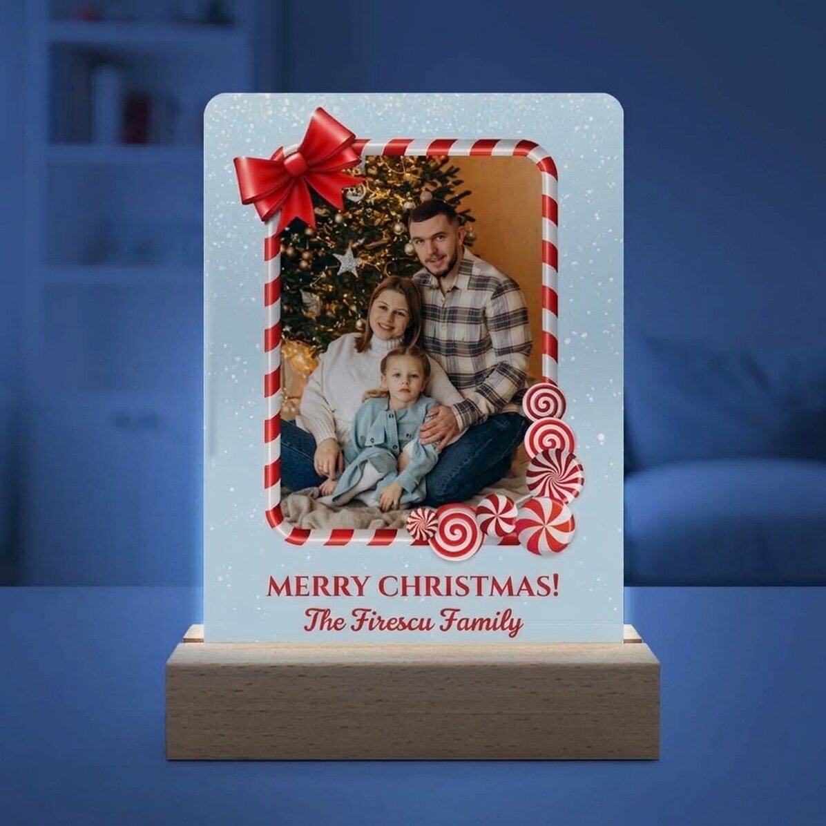 Lampe de veille LED personnalisée avec une photo et un message - Joyeux Noël !