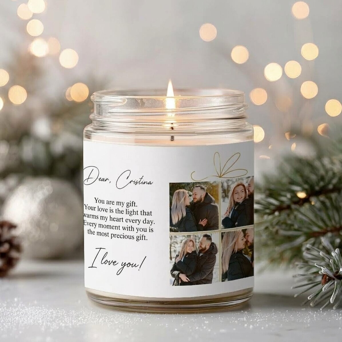 Grote gepersonaliseerde geurkaars met 4 foto’s en tekst - Kerstcadeau