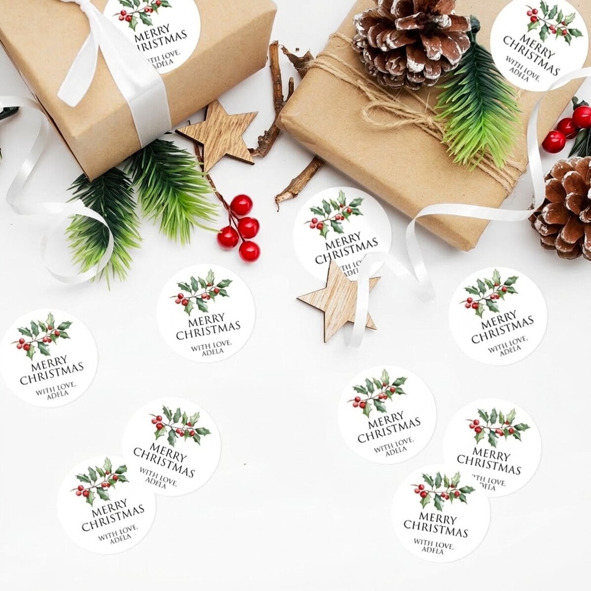 Set van 12 ronde stickers (zelfklevende etiketten) met een diameter van 5 cm, gepersonaliseerd met e