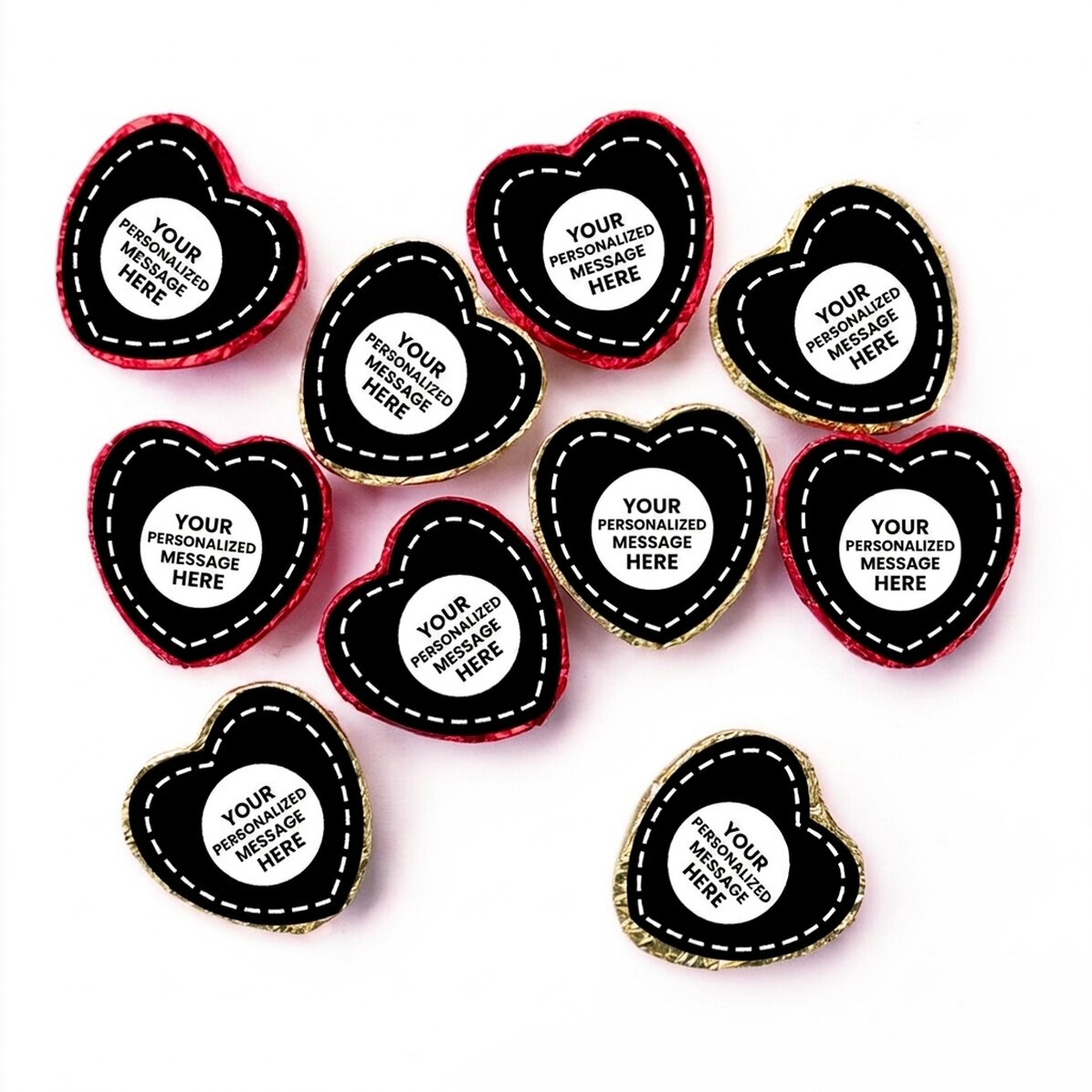 Set van 10 gepersonaliseerde mini-hartvormige chocolaatjes met jouw eigen ontwerp