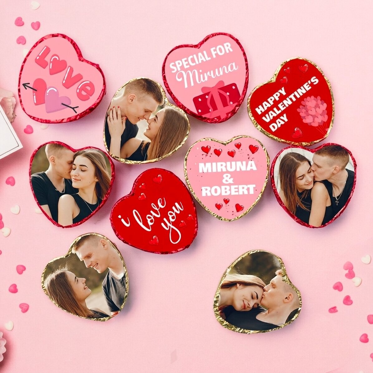 Set van 10 gepersonaliseerde mini-hartvormige chocolaatjes met foto