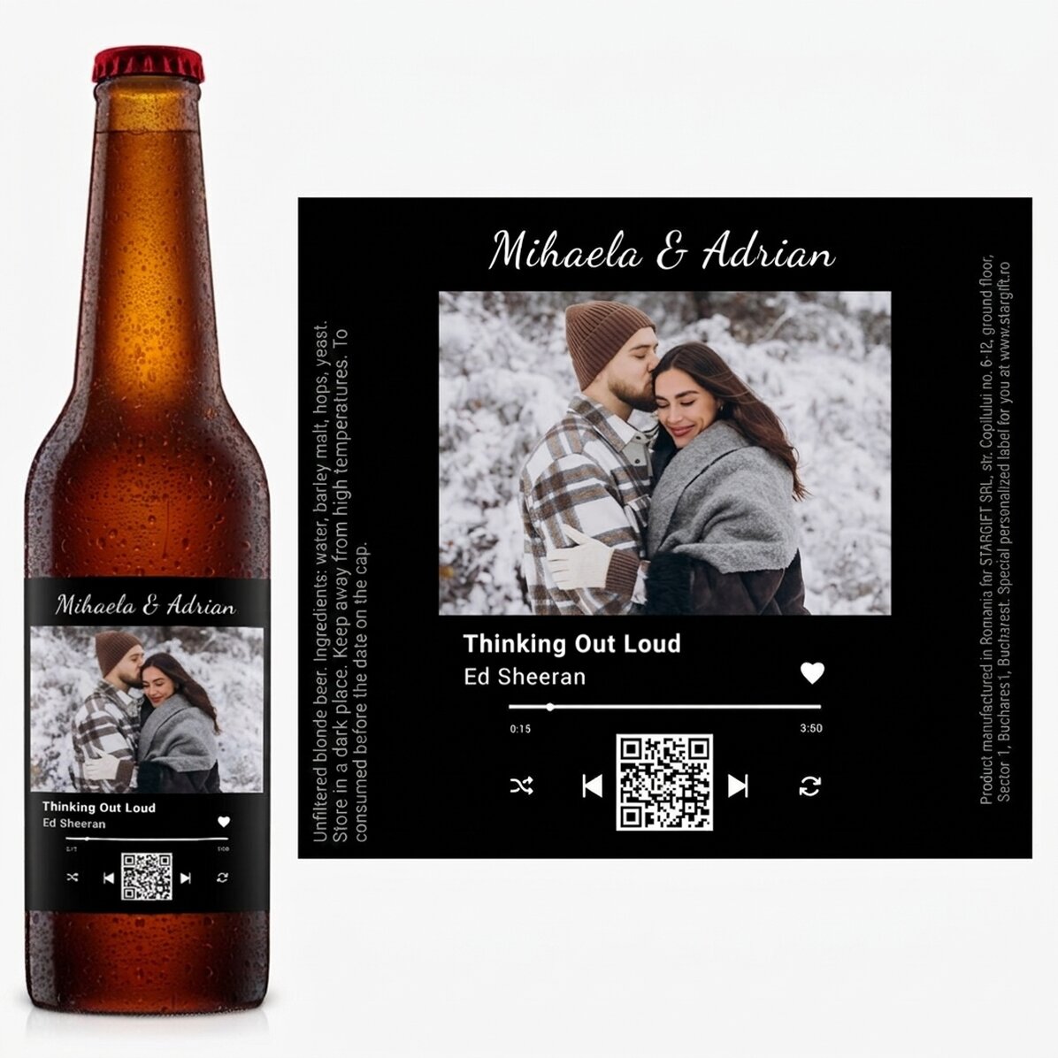 Gepersonaliseerd bier met een foto, tekst en QR-code - Ons liedje