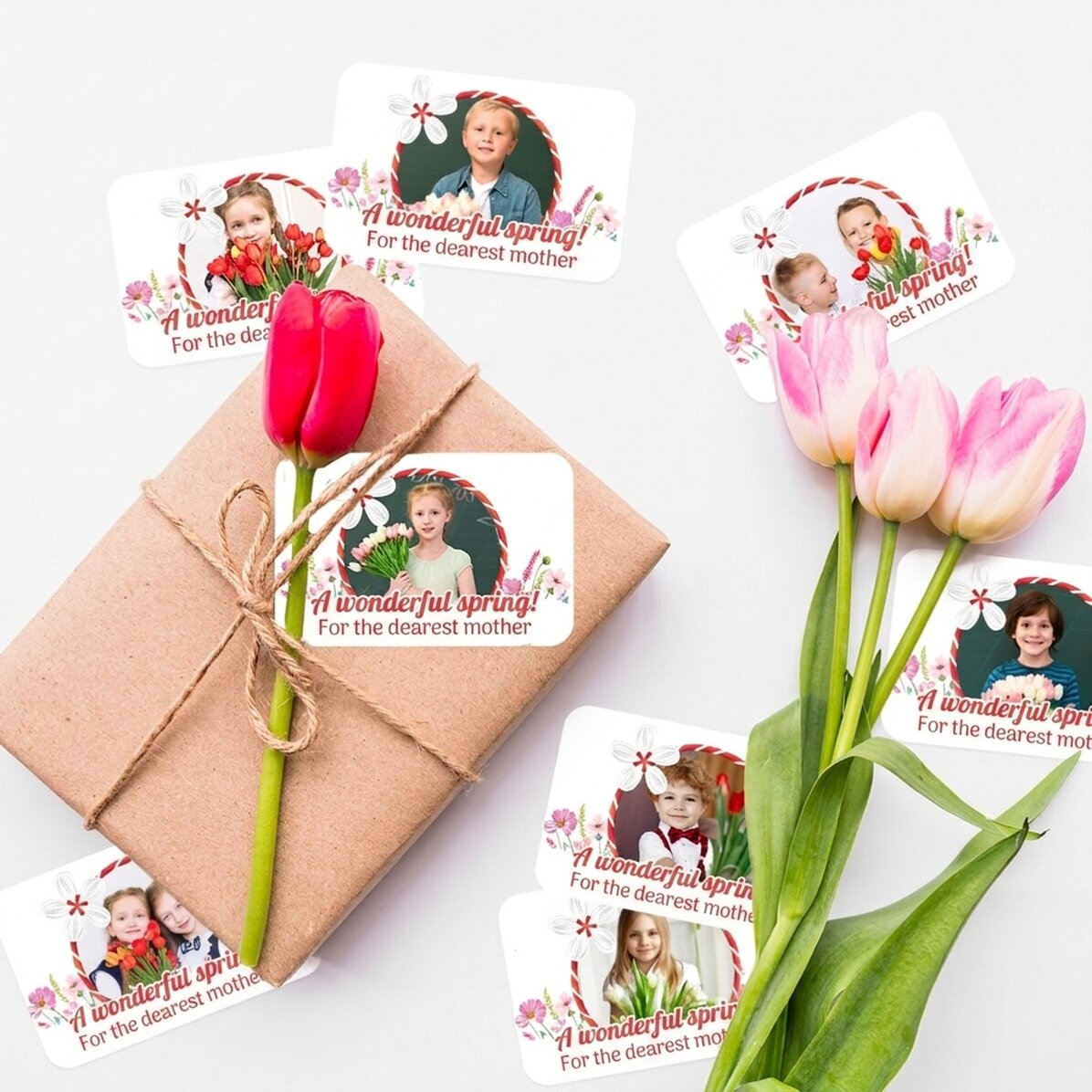 Set van 8 stickers (zelfklevende etiketten) met foto’s en een persoonlijke boodschap