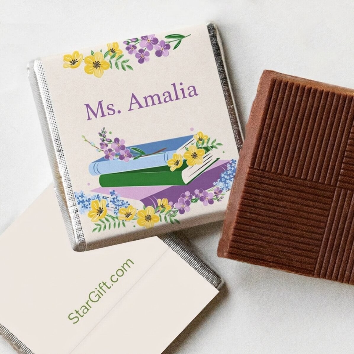Mini-chocolat personnalisé avec un message - Livres et fleurs