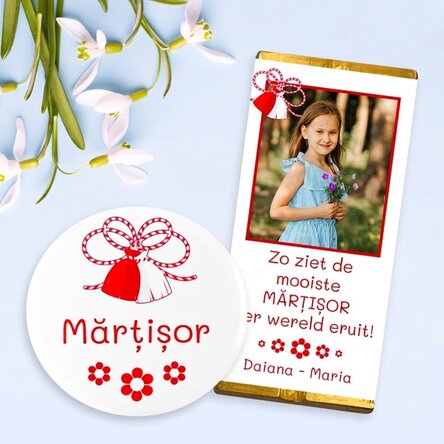 Cadeauset met een button en een mini-chocoladereep, gepersonaliseerd met een foto en tekst