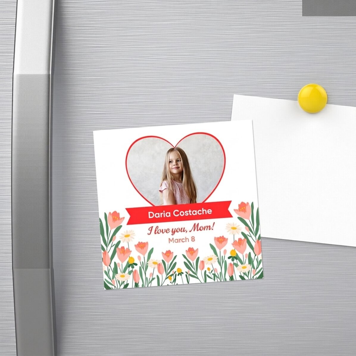 Gepersonaliseerde magneet van 10x10 met een foto en tekst - 8 maart