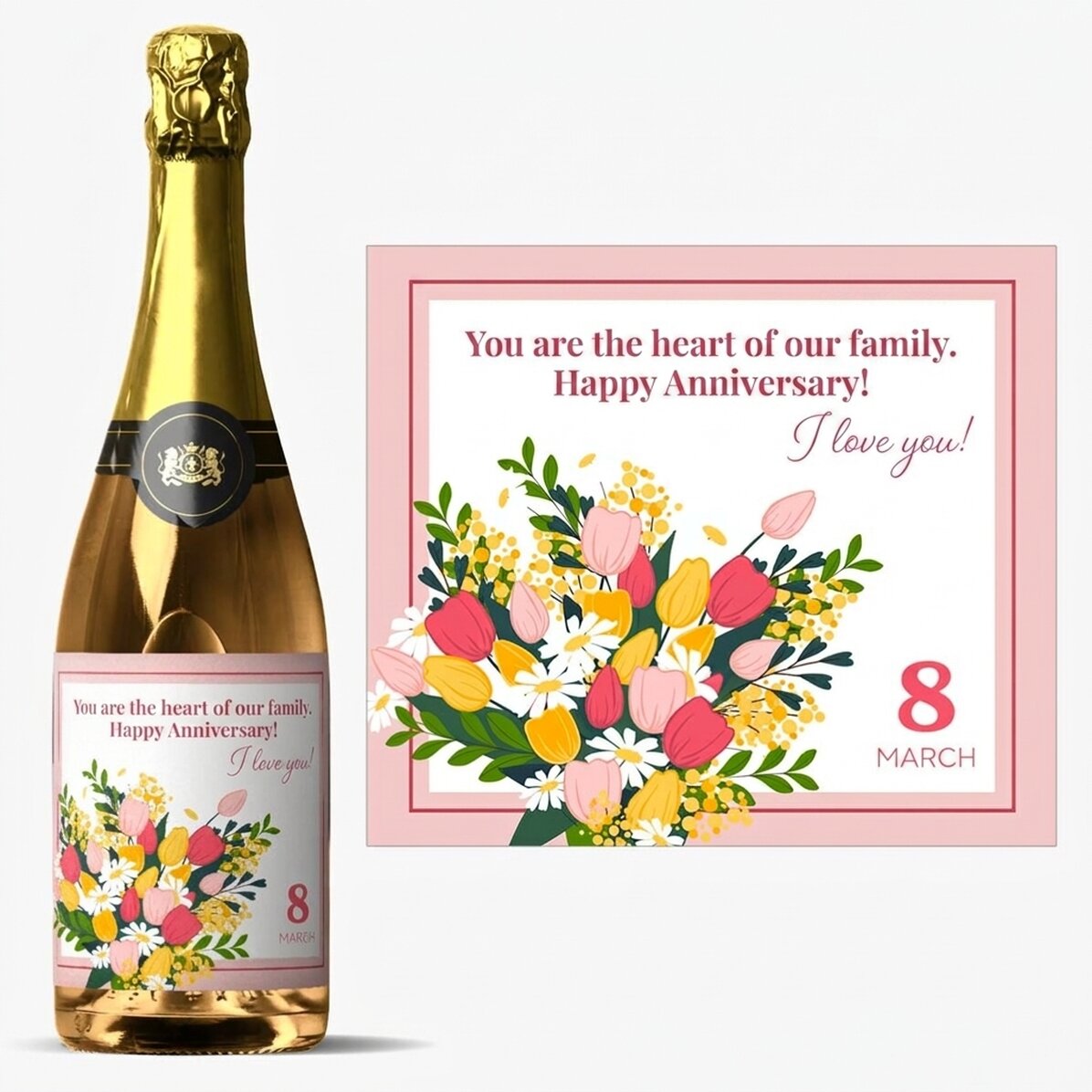 Mousserende wijn met gepersonaliseerde tekst - Bloemen