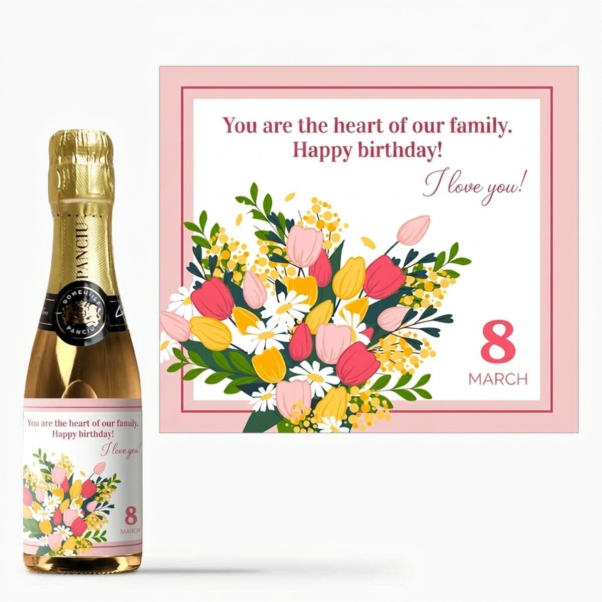 Mini-bouteille de vin mousseux personnalisée avec un message - Fleurs