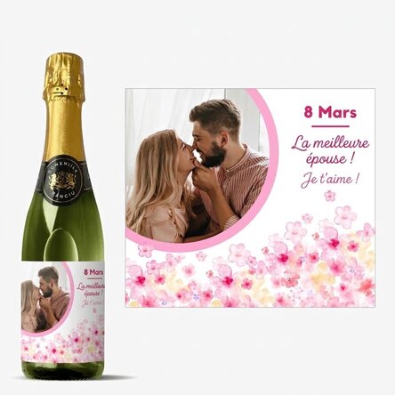 Bouteille moyenne de vin mousseux personnalisée avec un texte et une photo - Fleurs