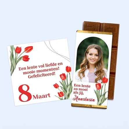 Cadeauset voor 8 maart met magneet en gepersonaliseerde minichocoladereep