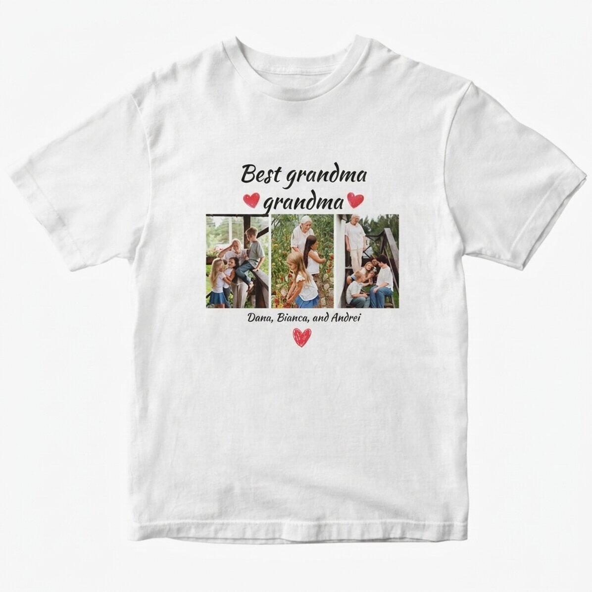 Gepersonaliseerd katoenen T-shirt met 3 foto’s en tekst – De beste grootouders