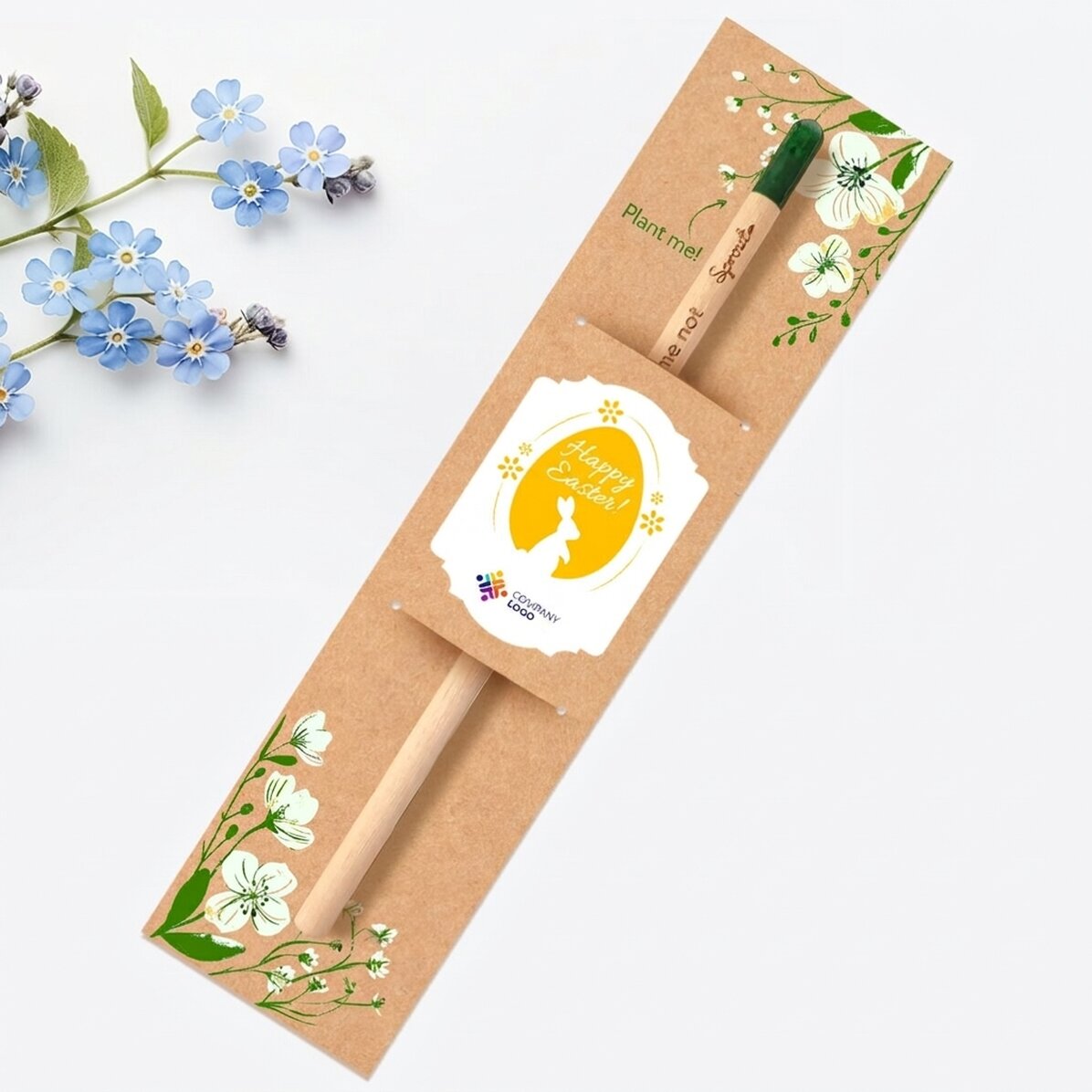 Gepersonaliseerd plantbaar potlood met logo en boodschap - Fijne Pasen