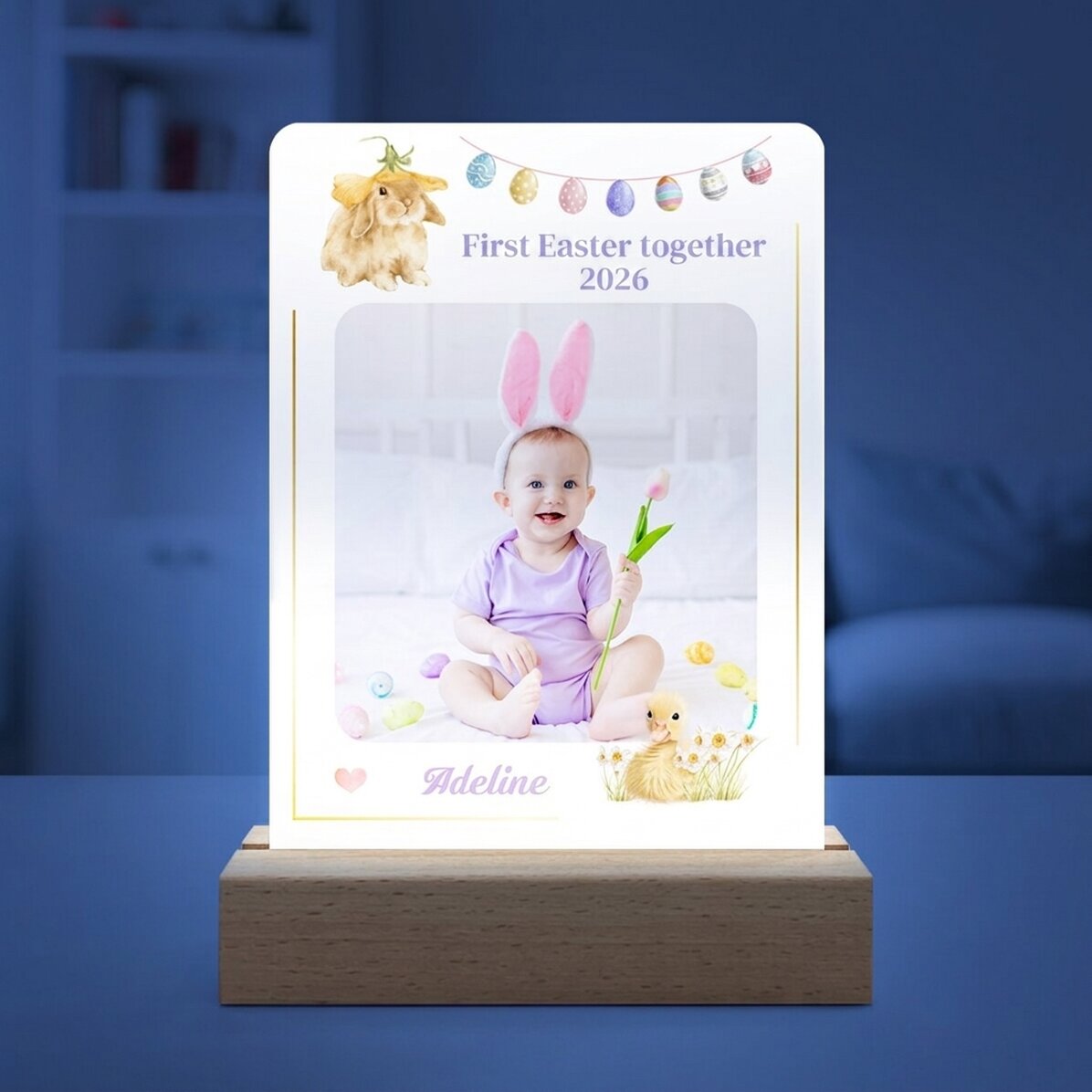 Gepersonaliseerde LED-nachtlamp met een foto en tekst - Eerste Pasen