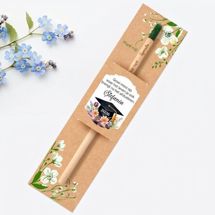 Gepersonaliseerd plantbaar potlood met afstudeerboodschap