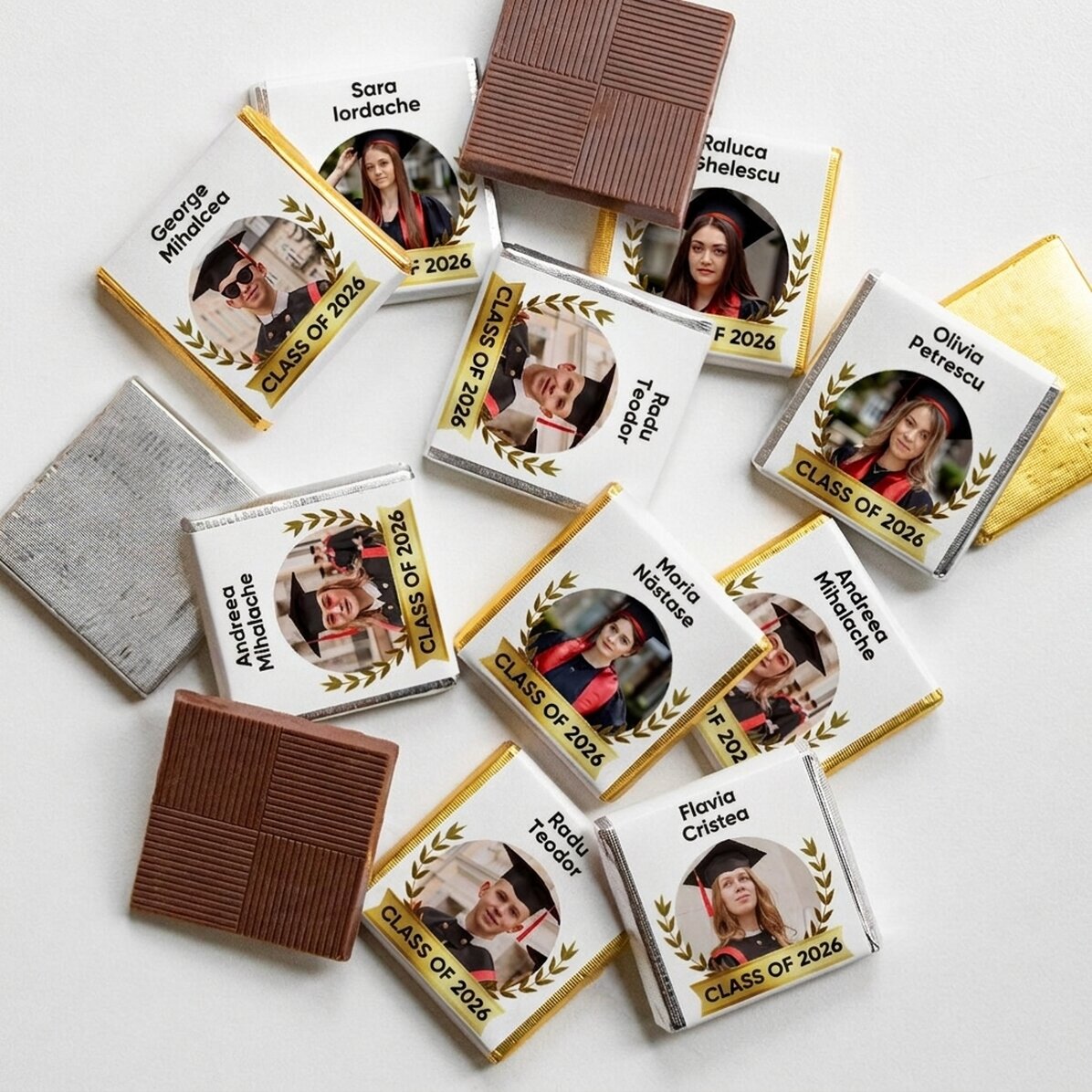 Set van 10 gepersonaliseerde minichocolade met tekst en foto voor afgestudeerden