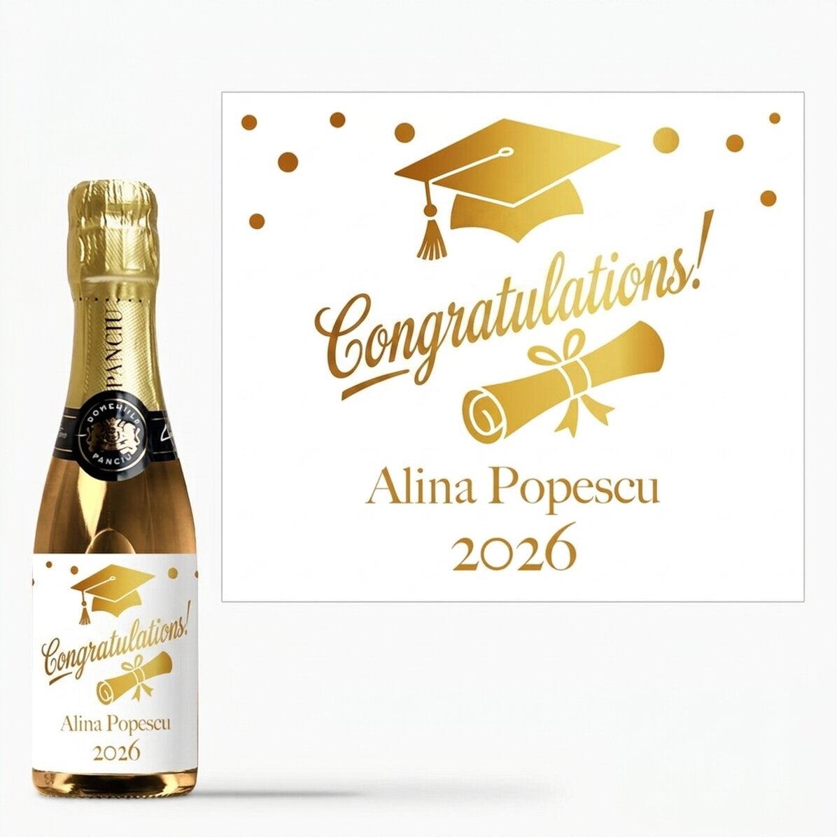 Mini-flesje mousserende wijn, gepersonaliseerd met een tekst ter ere van het afstuderen - Goud