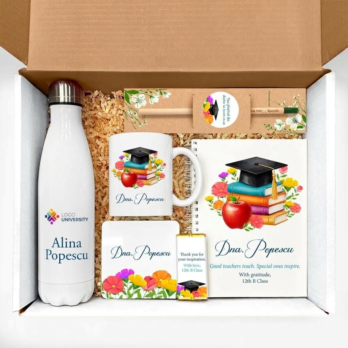Coffret cadeau pour enseignantes, personnalisé avec un message et un logo