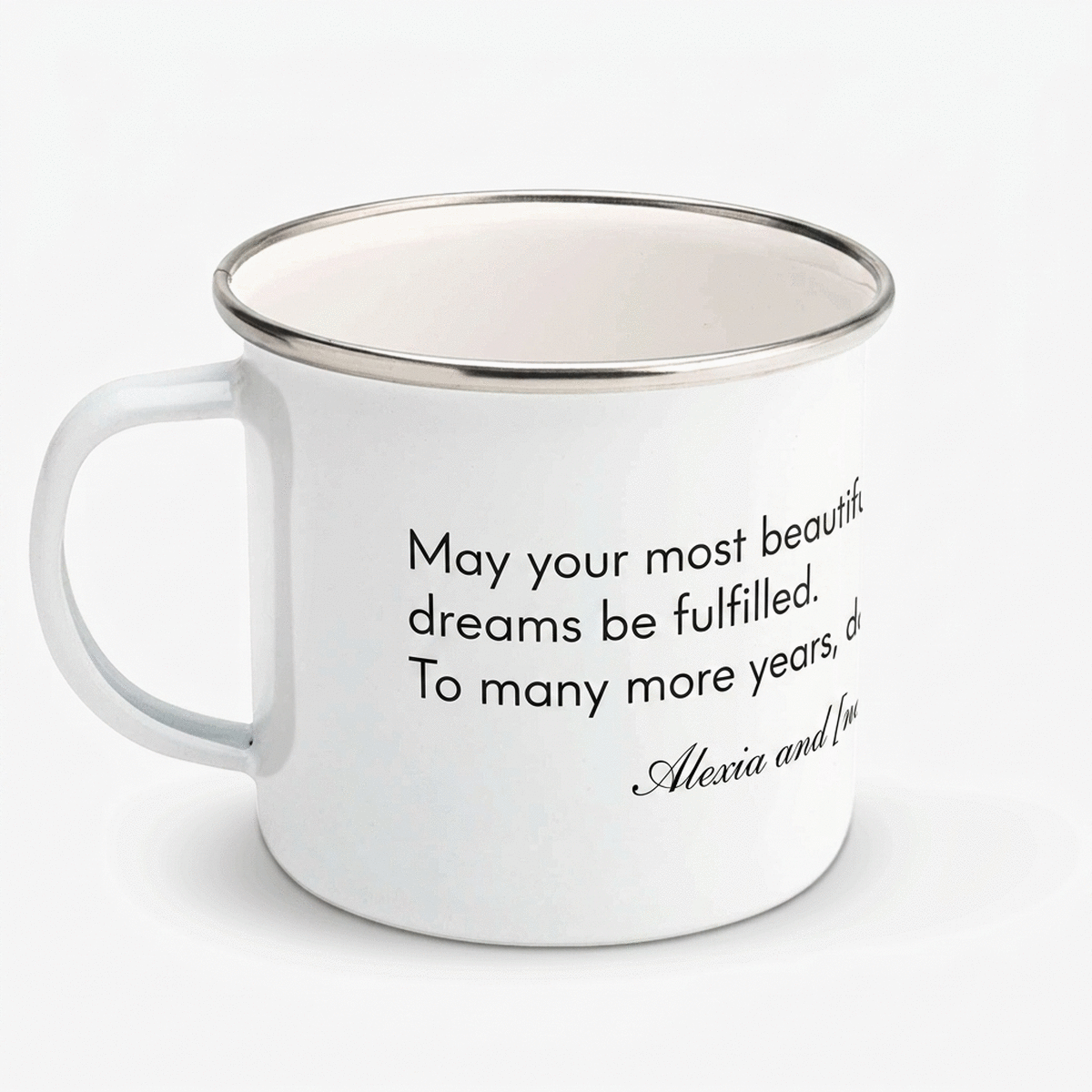 Tasse métallique émaillée personnalisée avec un message