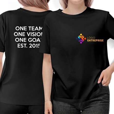 T-shirt en coton personnalisé avec un logo sur le devant et un texte dans le dos