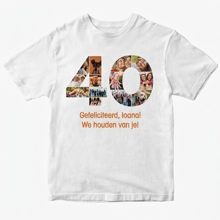 Gepersonaliseerd katoenen T-shirt met 13 foto’s en een tekst – 40 jaar