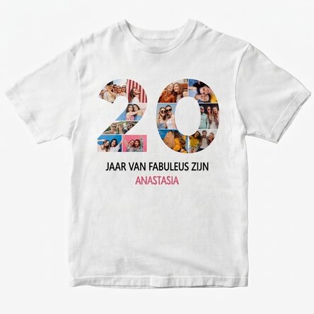 Gepersonaliseerd katoenen T-shirt met 12 foto’s en een tekst – 20 jaar