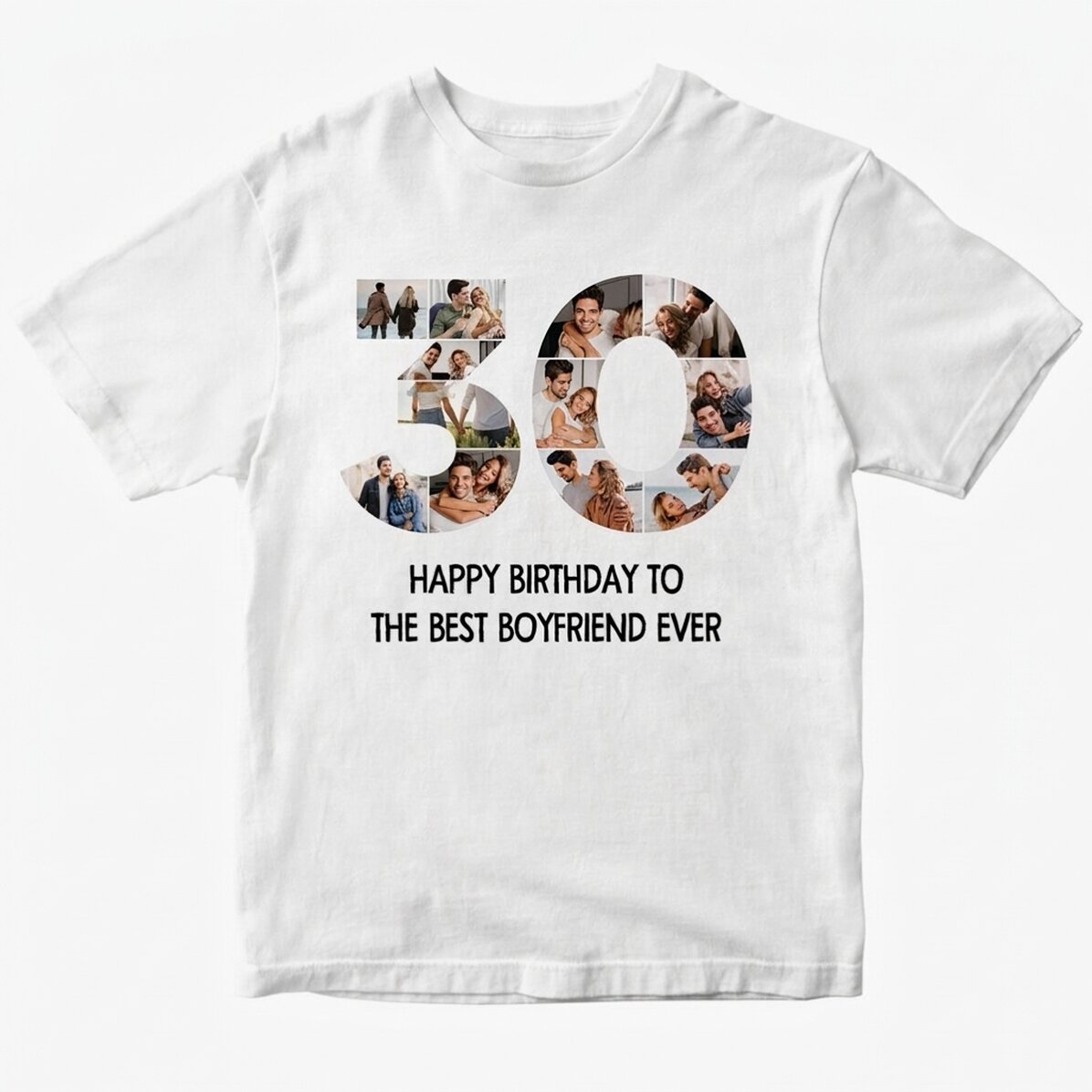 T-shirt en coton personnalisé avec 12 photos et un message - 30 ans