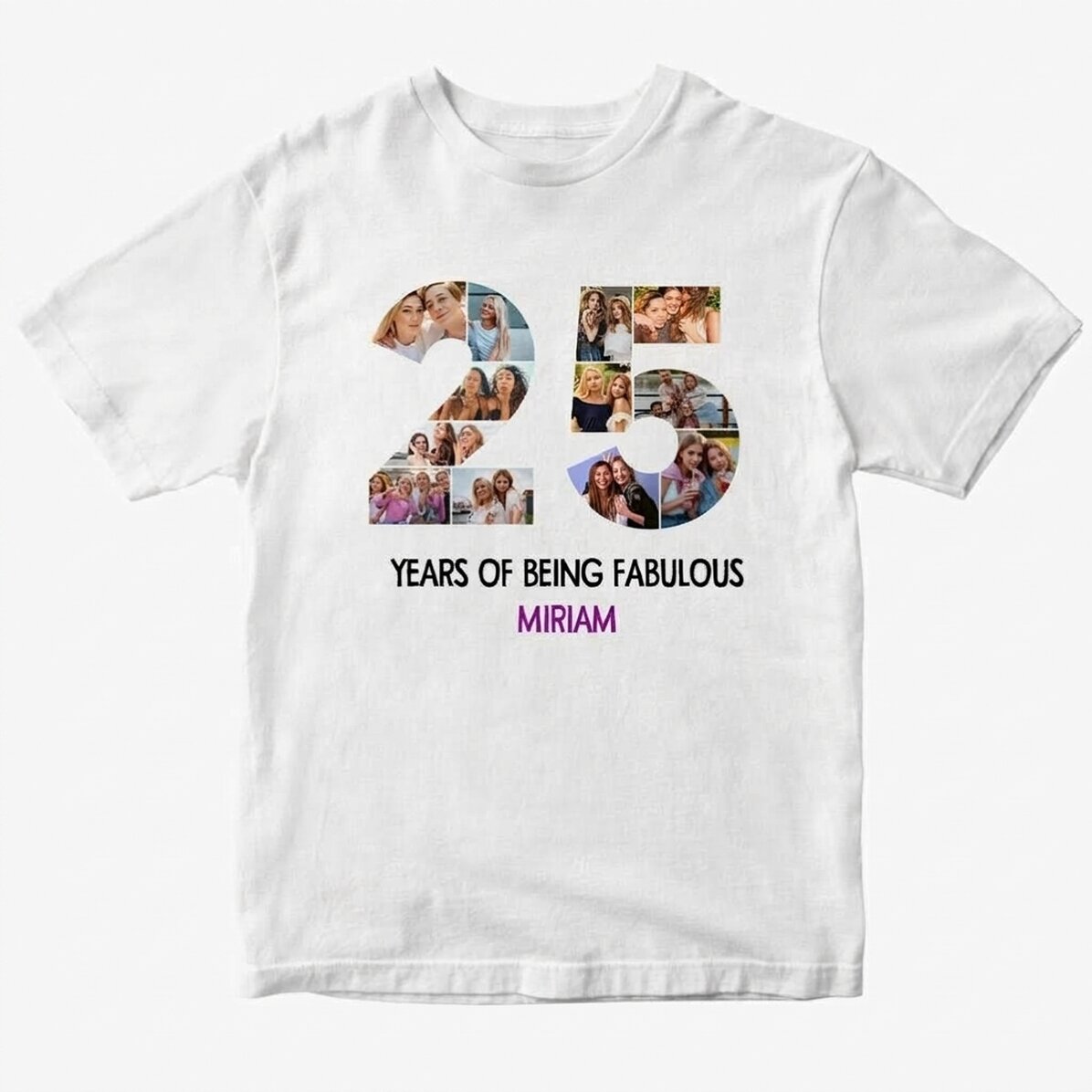 T-shirt en coton personnalisé avec 12 photos et un message - 25 ans