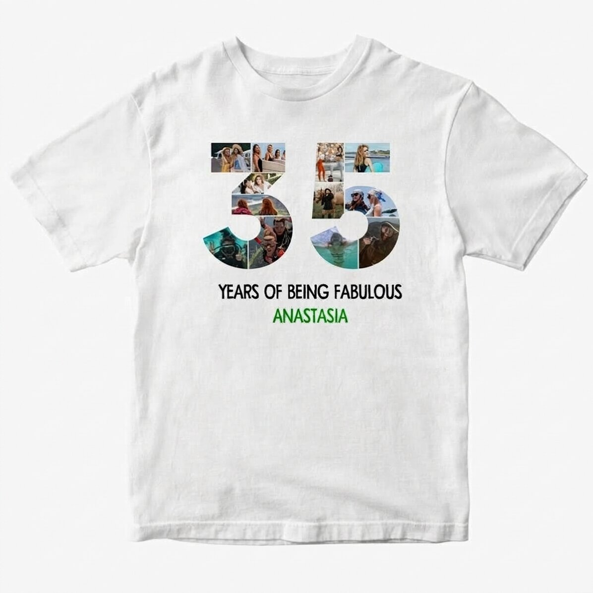 T-shirt en coton personnalisé avec 12 photos et un message - 35 ans
