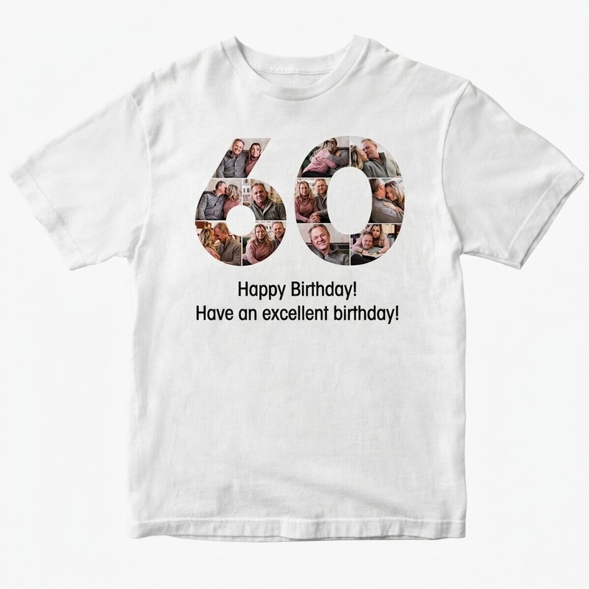 T-shirt en coton personnalisé avec 11 photos et un message - 60 ans