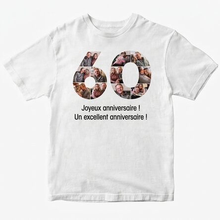T-shirt en coton personnalisé avec 11 photos et un message - 60 ans