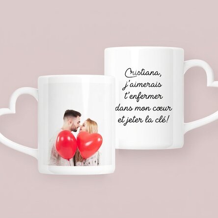 Tasse personnalisée avec une photo et un texte - modèle avec anse en forme de cœur