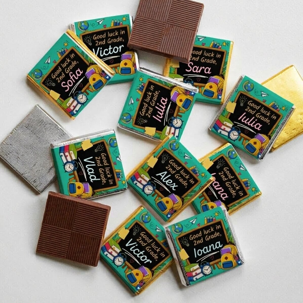 Set van 10 gepersonaliseerde minichocolade met een boodschap voor het begin van het schooljaar