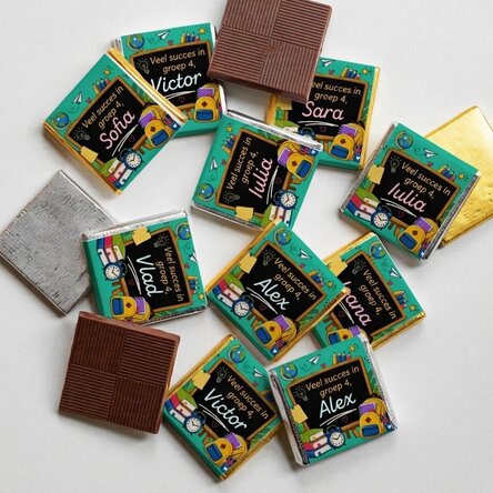 Set van 10 gepersonaliseerde minichocolade met een boodschap voor het begin van het schooljaar