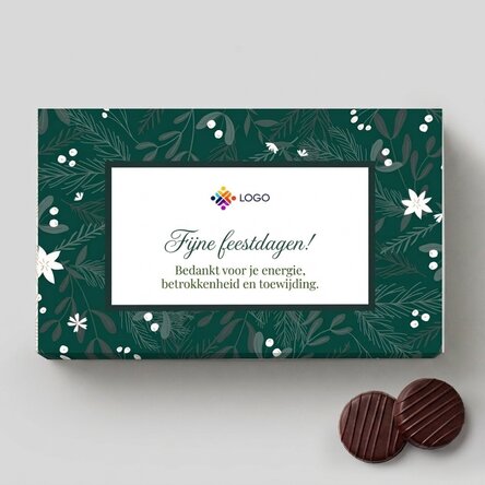 Doosje bonbons met crème, voorzien van een gepersonaliseerd logo en een boodschap – Fijne feestdagen