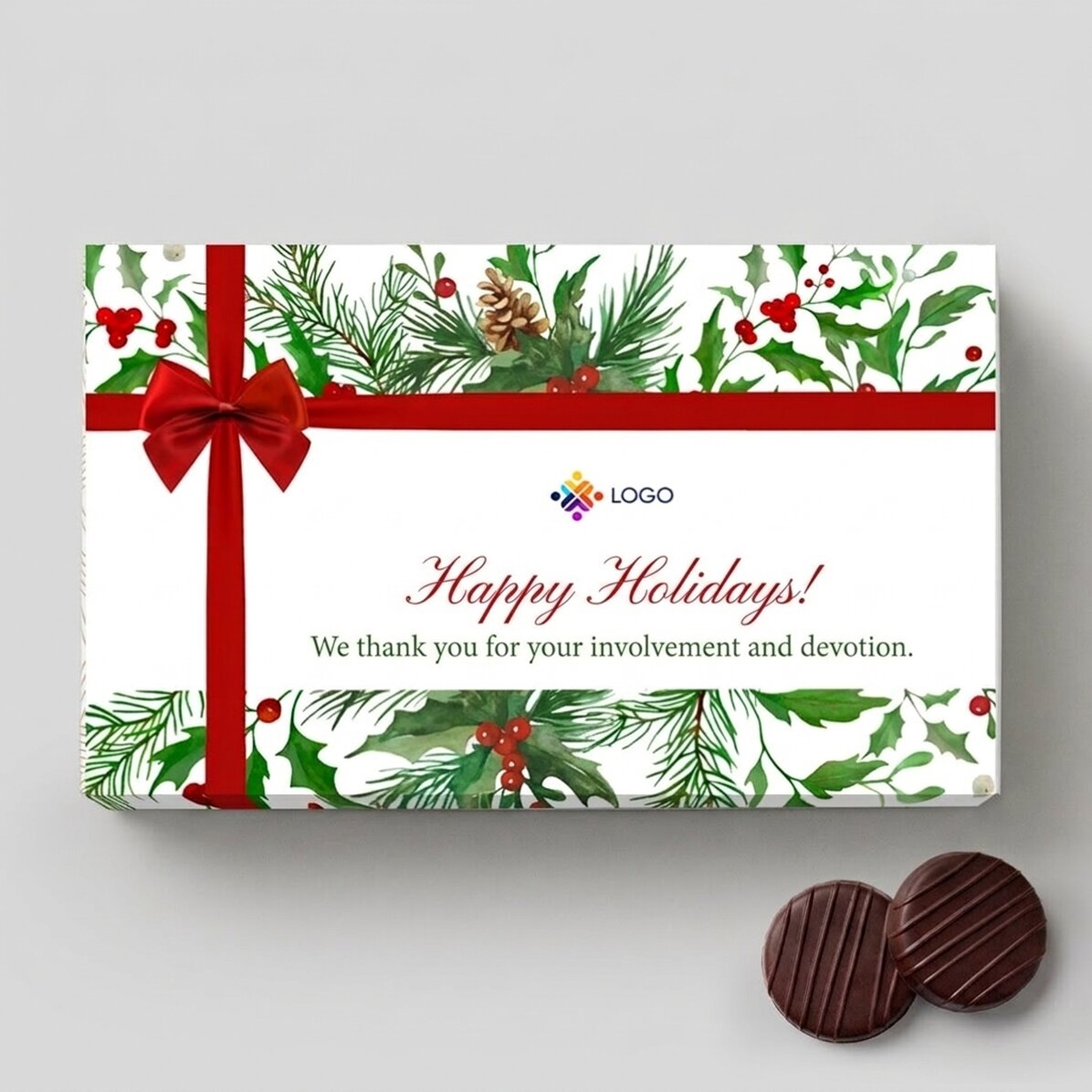 Doosje bonbons met crème, voorzien van een gepersonaliseerd logo en een boodschap – kerstmodel
