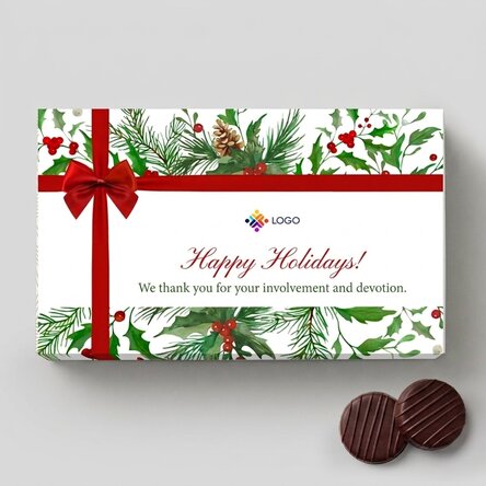 Doosje bonbons met crème, voorzien van een gepersonaliseerd logo en een boodschap – kerstmodel