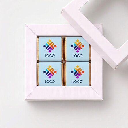 Geschenkdoos met 4 mini-chocoladehapjes, gepersonaliseerd met logo
