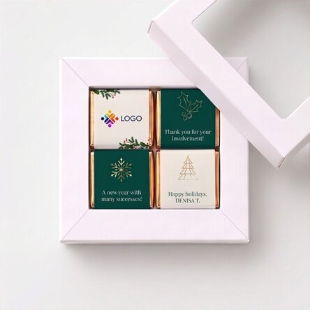 Geschenkdoos met 4 mini-chocoladehapjes, gepersonaliseerd met logo en boodschap - Fijne feestdagen!