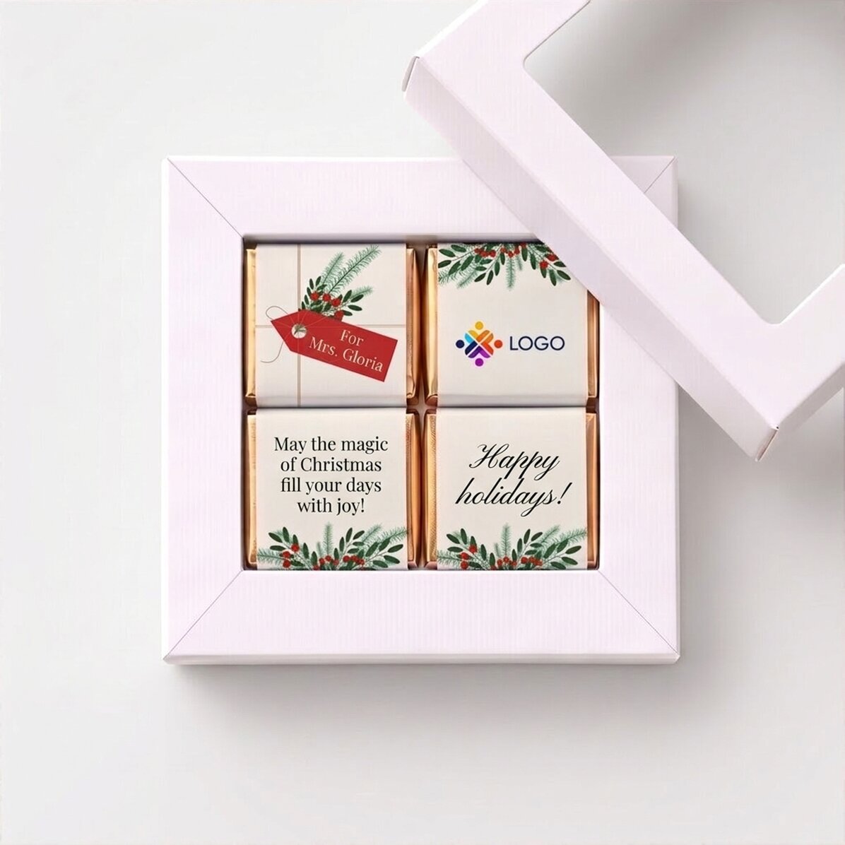 Geschenkdoos met 4 mini-chocoladehapjes, gepersonaliseerd met logo en kerstboodschap