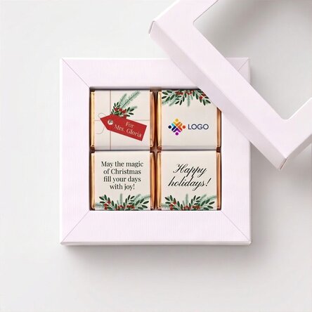 Geschenkdoos met 4 mini-chocoladehapjes, gepersonaliseerd met logo en kerstboodschap