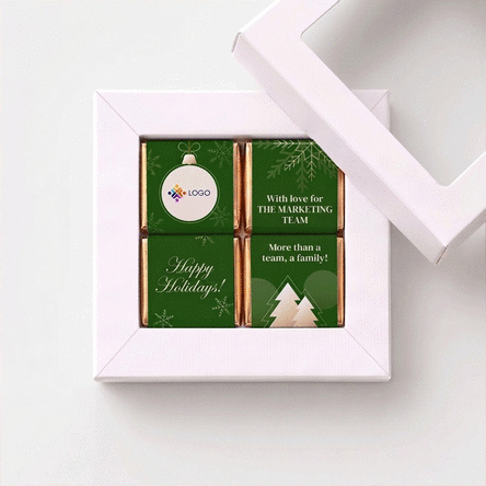 Geschenkdoos met 4 mini-chocoladehapjes, gepersonaliseerd met logo en boodschap voor het team