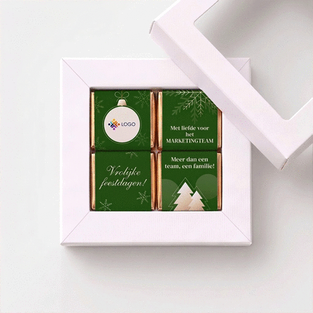 Geschenkdoos met 4 mini-chocoladehapjes, gepersonaliseerd met logo en boodschap voor het team