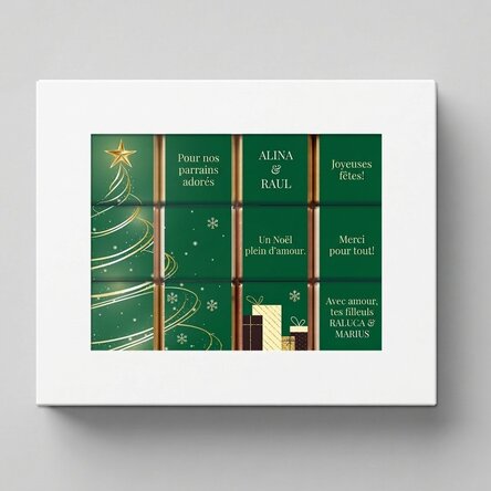 Coffret cadeau contenant 12 mini-chocolats personnalisés avec des messages - Sapin de Noël