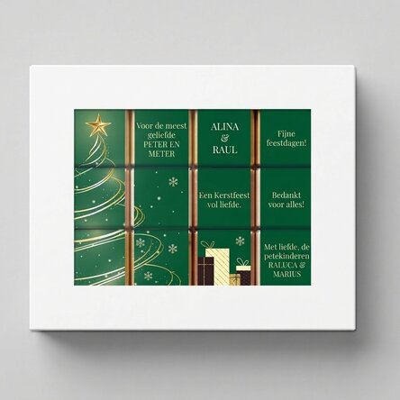 Geschenkdoos met 12 gepersonaliseerde minichocolade met boodschappen - Kerstboom
