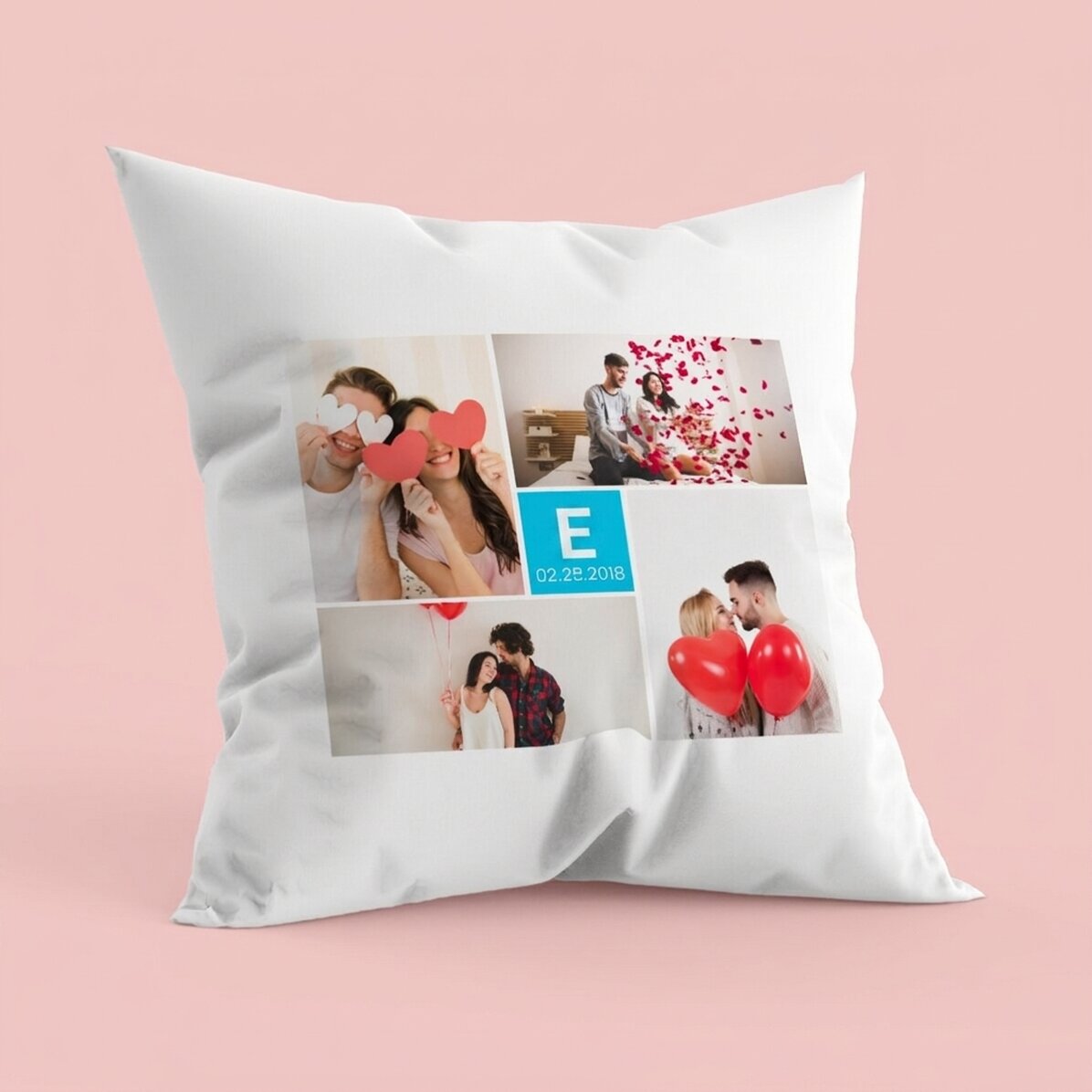 Coussin personnalisé avec 4 photos et une initiale