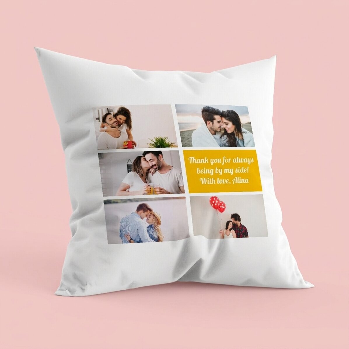 Coussin personnalisé avec 5 photos et un texte