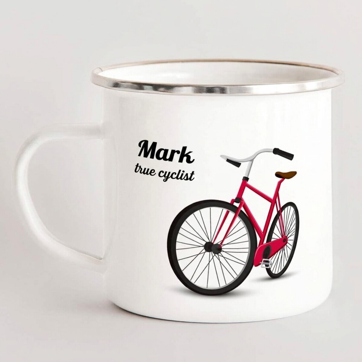 Tasse métallique émaillée personnalisée - un vrai cycliste