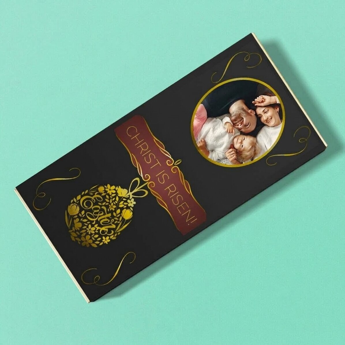 Chocolade met persoonlijke tekst en foto voor Pasen