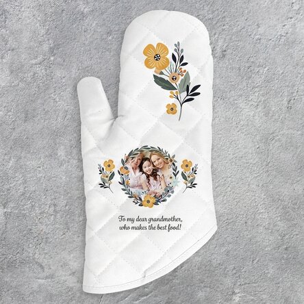 Op maat gemaakte keukenhandschoen met foto en tekst - Bloemenmotief