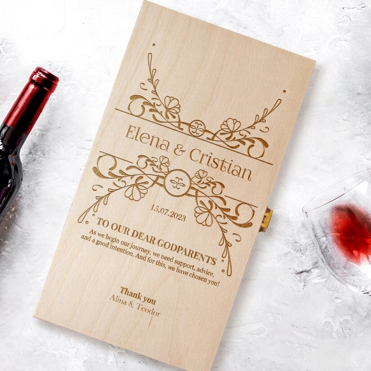 Coffret à vin personnalisé pour deux bouteilles - Message pour les parrains et marraines